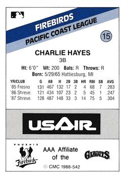 1988 CMC Phoenix Firebirds #15 Charlie Hayes Back
