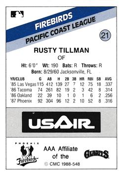 1988 CMC Phoenix Firebirds #21 Rusty Tillman Back