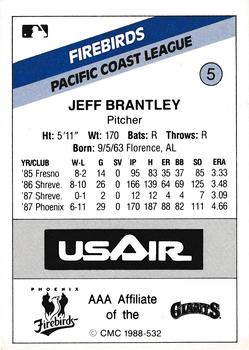 1988 CMC Phoenix Firebirds #5 Jeff Brantley Back
