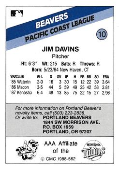 1988 CMC Portland Beavers #10 Jim Davins Back