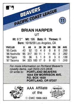 1988 CMC Portland Beavers #11 Brian Harper Back