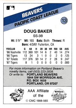 1988 CMC Portland Beavers #13 Doug Baker Back