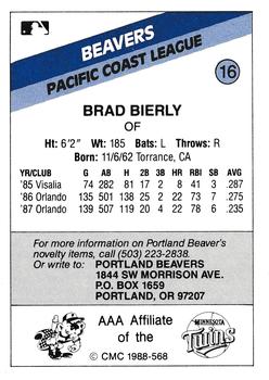 1988 CMC Portland Beavers #16 Brad Bierley Back