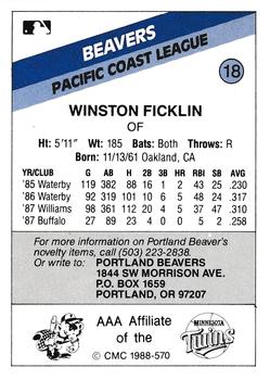 1988 CMC Portland Beavers #18 Winston Ficklin Back