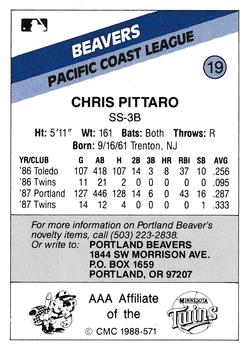 1988 CMC Portland Beavers #19 Chris Pittaro Back