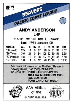 1988 CMC Portland Beavers #1 Allan Anderson Back