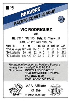 1988 CMC Portland Beavers #20 Vic Rodriguez Back