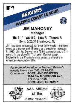 1988 CMC Portland Beavers #24 Jim Mahoney Back