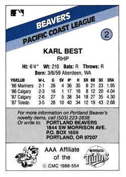 1988 CMC Portland Beavers #2 Karl Best Back