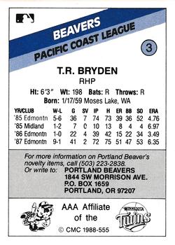 1988 CMC Portland Beavers #3 T.R. Bryden Back