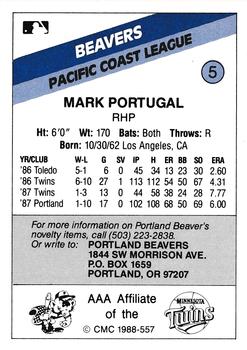 1988 CMC Portland Beavers #5 Mark Portugal Back