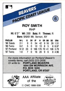 1988 CMC Portland Beavers #6 Roy Smith Back