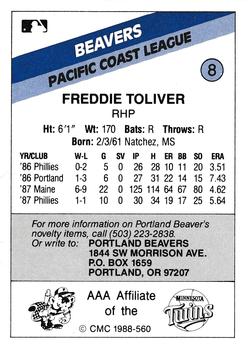 1988 CMC Portland Beavers #8 Freddie Toliver Back