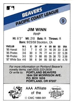 1988 CMC Portland Beavers #9 Jim Winn Back