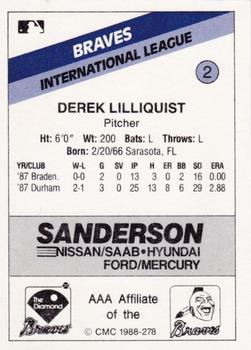 1988 CMC Richmond Braves #2 Derek Lilliquist Back