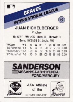 1988 CMC Richmond Braves #6 Juan Eichelberger Back
