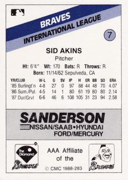 1988 CMC Richmond Braves #7 Sid Akins Back