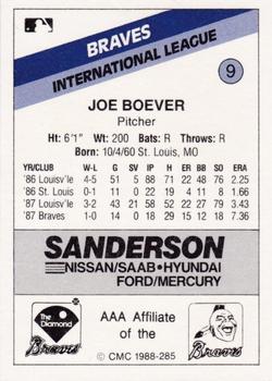 1988 CMC Richmond Braves #9 Joe Boever Back
