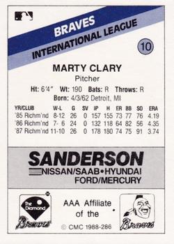 1988 CMC Richmond Braves #10 Marty Clary Back