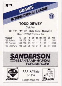 1988 CMC Richmond Braves #11 Todd Dewey Back