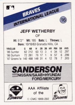 1988 CMC Richmond Braves #16 Jeff Wetherby Back