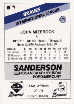 1988 CMC Richmond Braves #21 John Mizerock Back