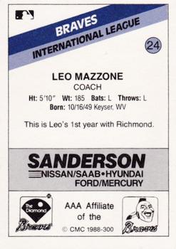 1988 CMC Richmond Braves #24 Leo Mazzone Back