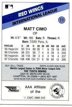 1988 CMC Rochester Red Wings #11 Matt Cimo Back