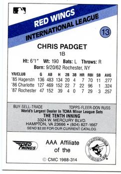 1988 CMC Rochester Red Wings #13 Chris Padget Back