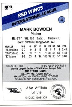 1988 CMC Rochester Red Wings #4 Mark Bowden Back