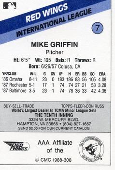 1988 CMC Rochester Red Wings #7 Mike Griffin Back