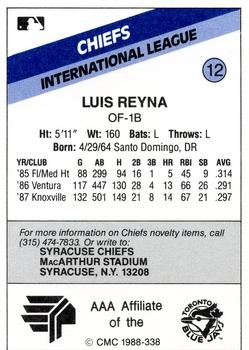 1988 CMC Syracuse Chiefs #12 Luis Reyna Back