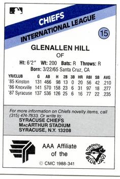 1988 CMC Syracuse Chiefs #15 Glenallen Hill Back