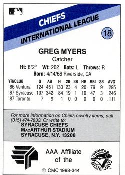 1988 CMC Syracuse Chiefs #18 Greg Myers Back