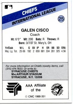 1988 CMC Syracuse Chiefs #25 Galen Cisco Back