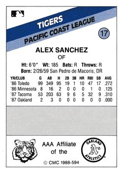 1988 CMC Tacoma Tigers #17 Alex Sanchez Back