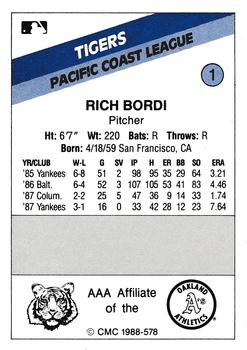 1988 CMC Tacoma Tigers #1 Rich Bordi Back