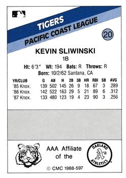 1988 CMC Tacoma Tigers #20 Kevin Sliwinski Back