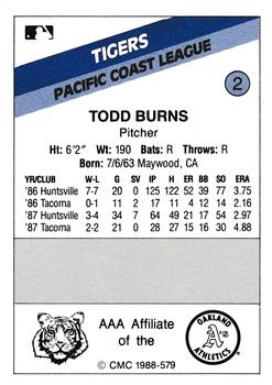 1988 CMC Tacoma Tigers #2 Todd Burns Back