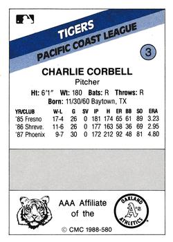 1988 CMC Tacoma Tigers #3 Charlie Corbell Back