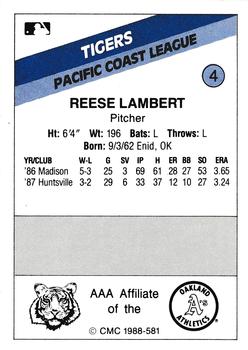 1988 CMC Tacoma Tigers #4 Reese Lambert Back