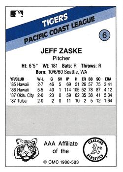 1988 CMC Tacoma Tigers #6 Jeff Zaske Back