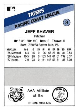 1988 CMC Tacoma Tigers #8 Jeff Shaver Back
