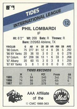 1988 CMC Tidewater Tides #12 Phil Lombardi Back