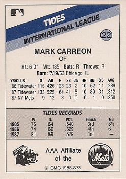 1988 CMC Tidewater Tides #22 Mark Carreon Back