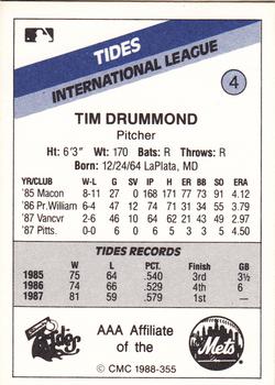 1988 CMC Tidewater Tides #4 Tim Drummond Back