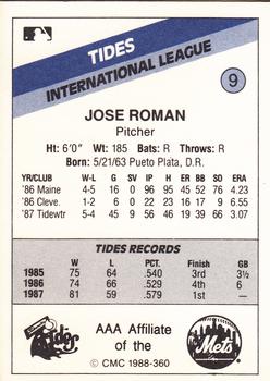 1988 CMC Tidewater Tides #9 Jose Roman Back