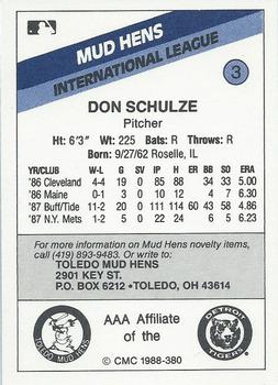 1988 CMC Toledo Mud Hens #3 Don Schulze Back