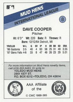1988 CMC Toledo Mud Hens #8 Dave Cooper Back