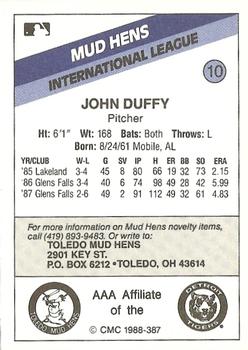 1988 CMC Toledo Mud Hens #10 John Duffy Back